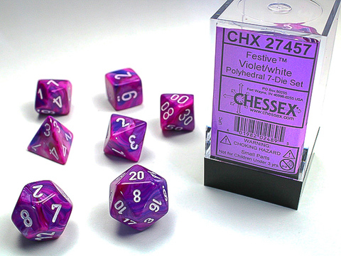 Festive™ Violet w/white Signature™ Polyhedral 7-Die Sets
